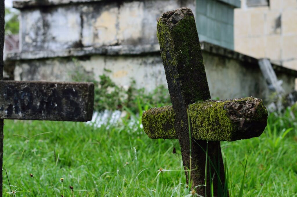 Friedhof Wiese grün alte Kreuze Grabschmuck für grüne Wiese Was eignet sich