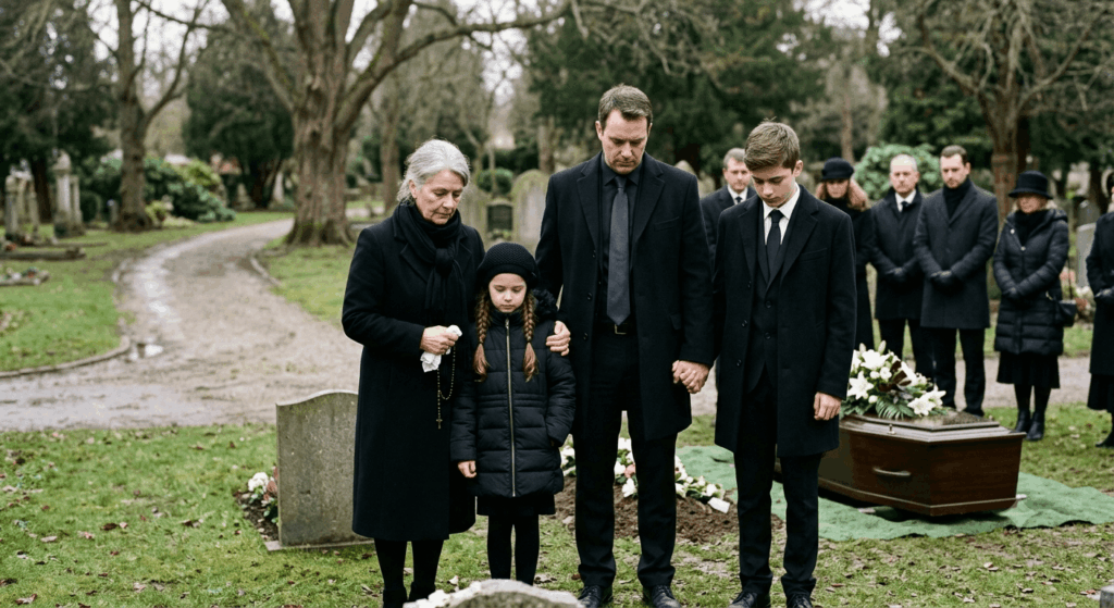 trauernde Familie Beerdigung Friedhof